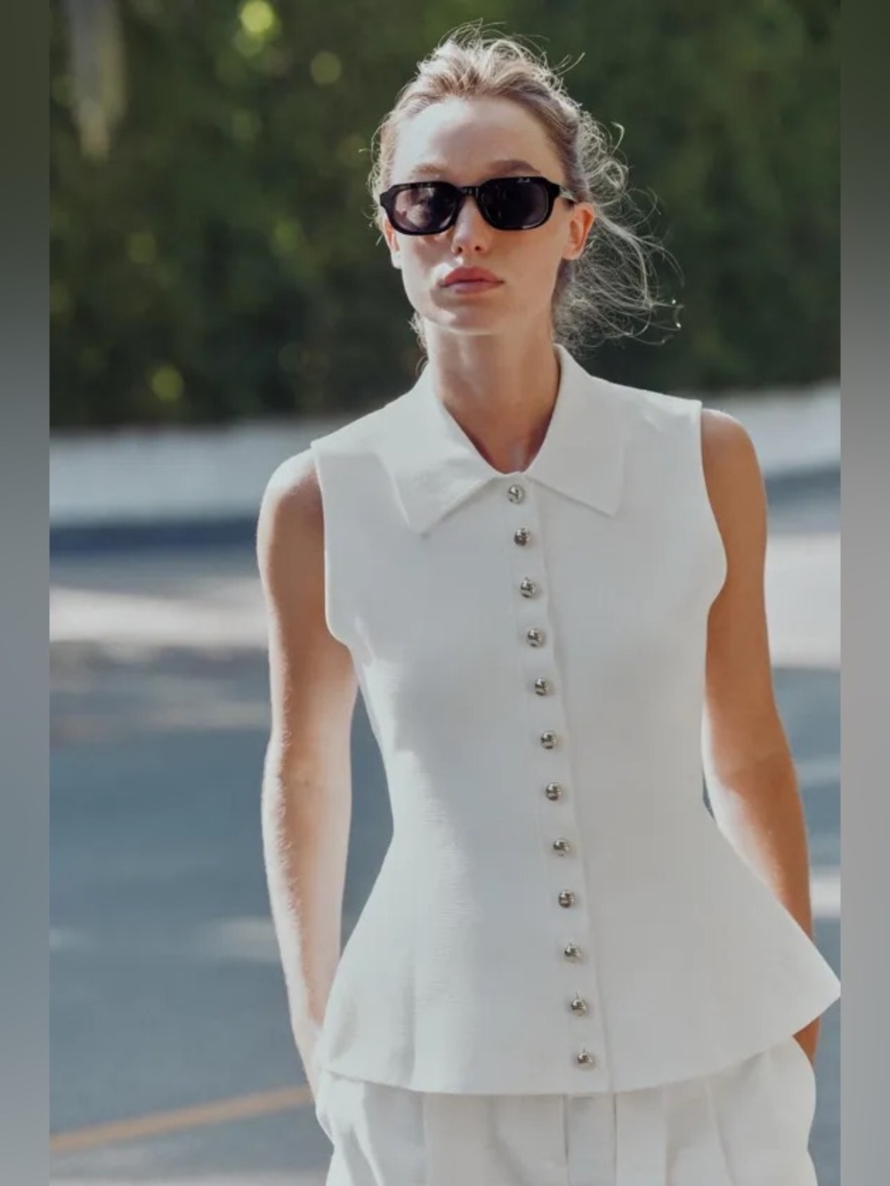 Zara White Knit Peplum Vest w Gold Buttons L NWT